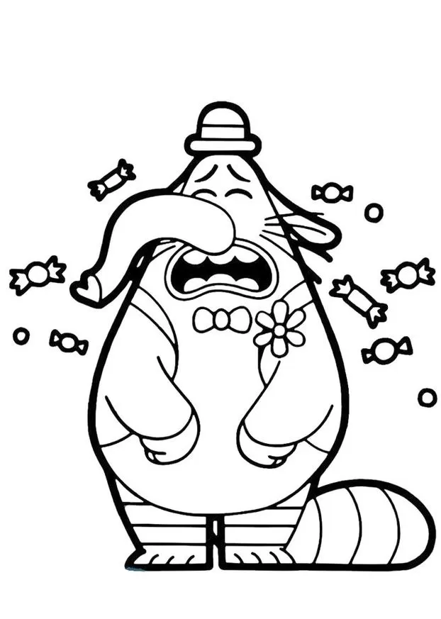 Bing Bong do Divertidamente para colorir: Cena emocionante com chapéu, gravata e doces.