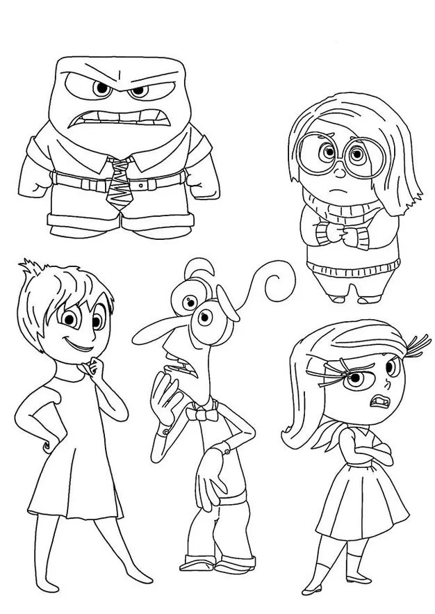 Divertida Mente: Emoções prontas para colorir. Raiva, Tristeza, Alegria, Medo e Nojinho em um desenho.