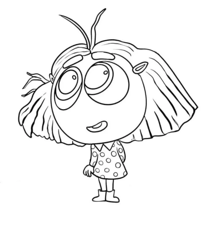 Divertida Mente: Inveja para colorir. Desenho da personagem Inveja com cabeça redonda, olhos grandes e vestido de bolinhas.