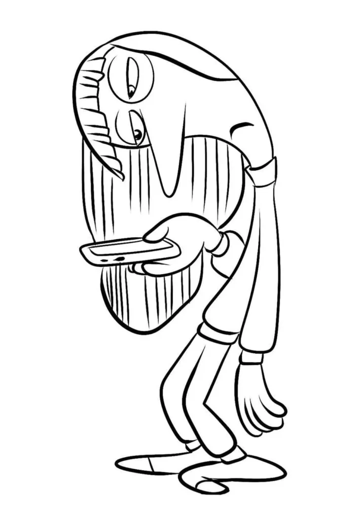 Tedio do Divertidamente para colorir: arte de personagem antropomórfico com celular.