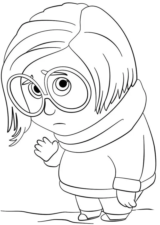 Tristeza do Divertidamente para colorir: desenho da personagem com óculos e suéter.