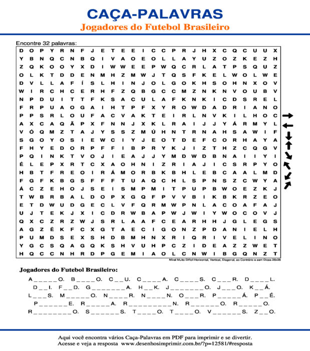 Caça Palavras com Jogadores do Futebol Brasileiro Nível Muito Difícil Horizontal, Vertical, Diagonal, ao Contrário e sem Dicas 26x26