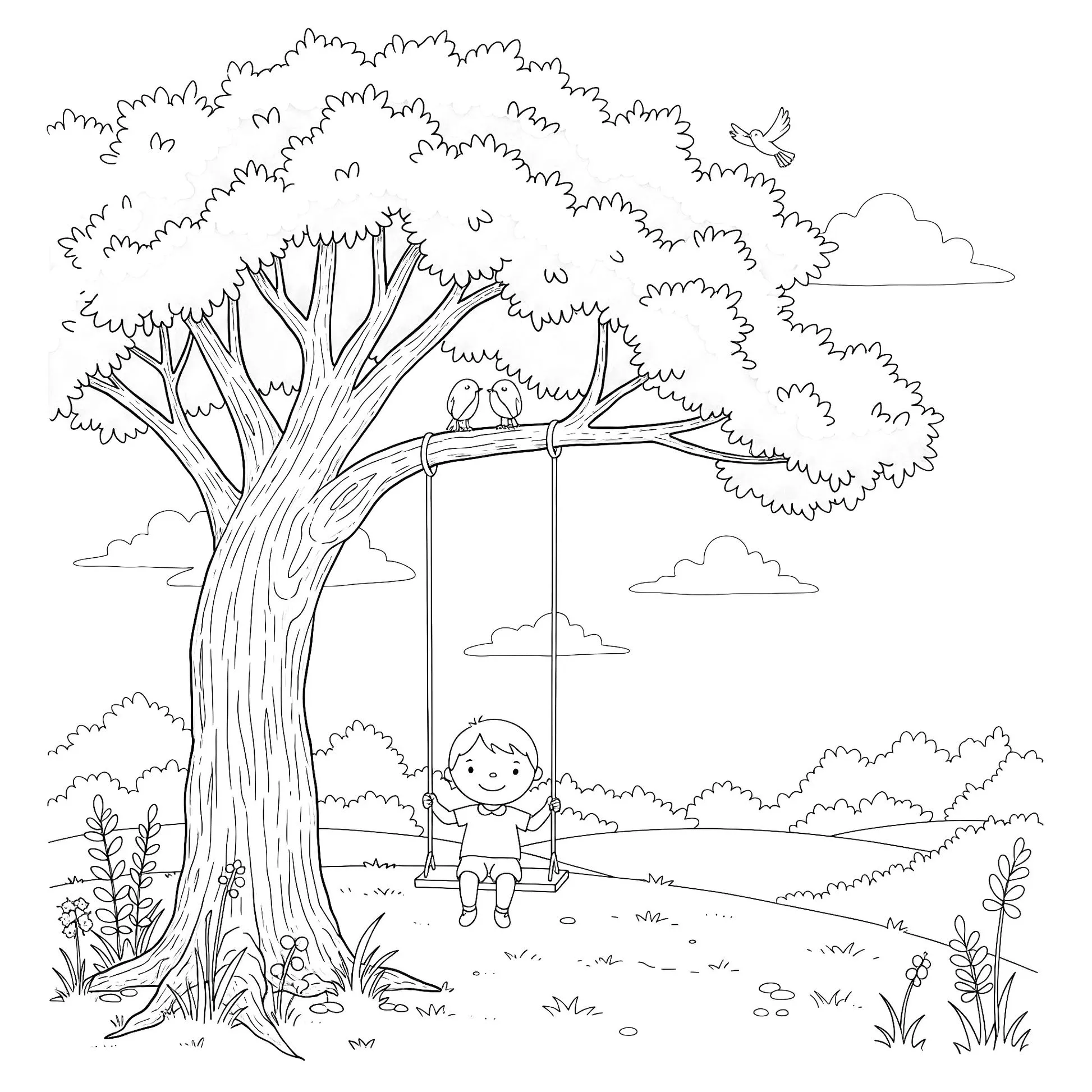 Desenho de árvore campestre para colorir, com criança no balanço e aves.