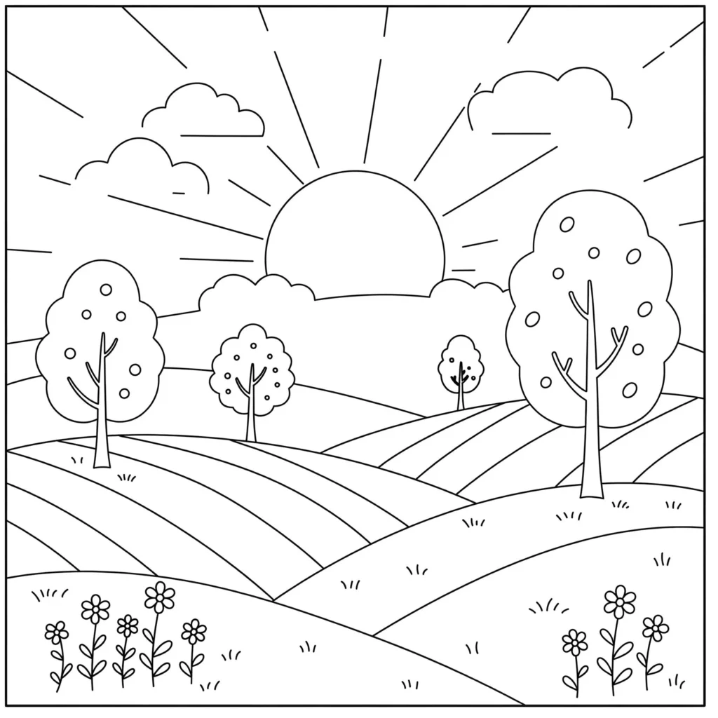 Cenário campestre para colorir: sol, nuvens, flores e colinas.