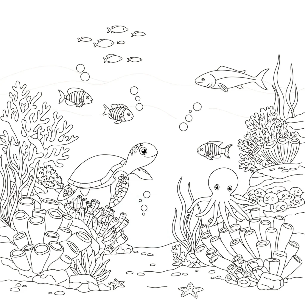 Tartaruga, polvo, corais e peixes em cena marinha para colorir.