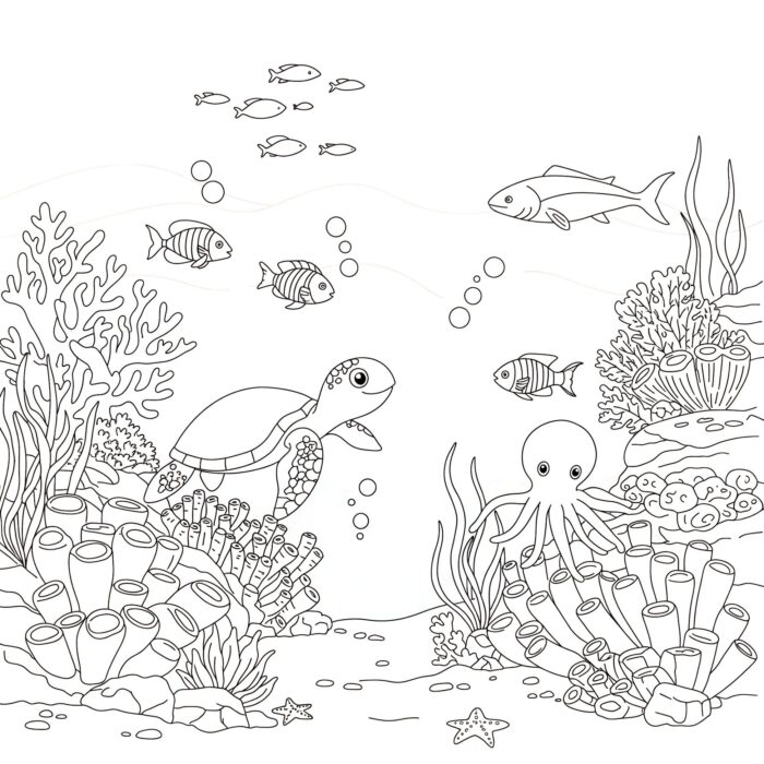 Tartaruga, polvo, corais e peixes em cena marinha para colorir.