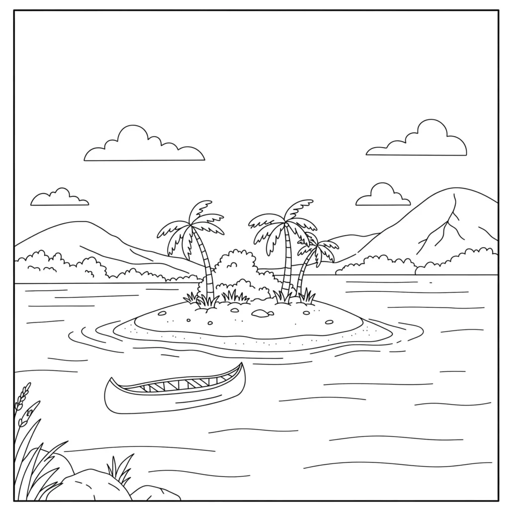 Desenho de ilha tropical com palmeiras e lago para colorir.