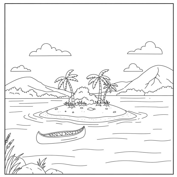 Desenho de ilha tropical com palmeiras e lago para colorir.