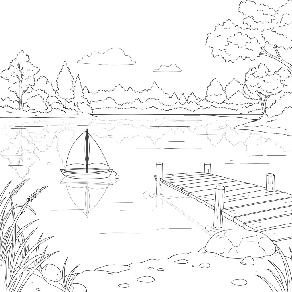 Desenho para colorir de lago sereno com barco à vela, vegetação e floresta ao fundo.