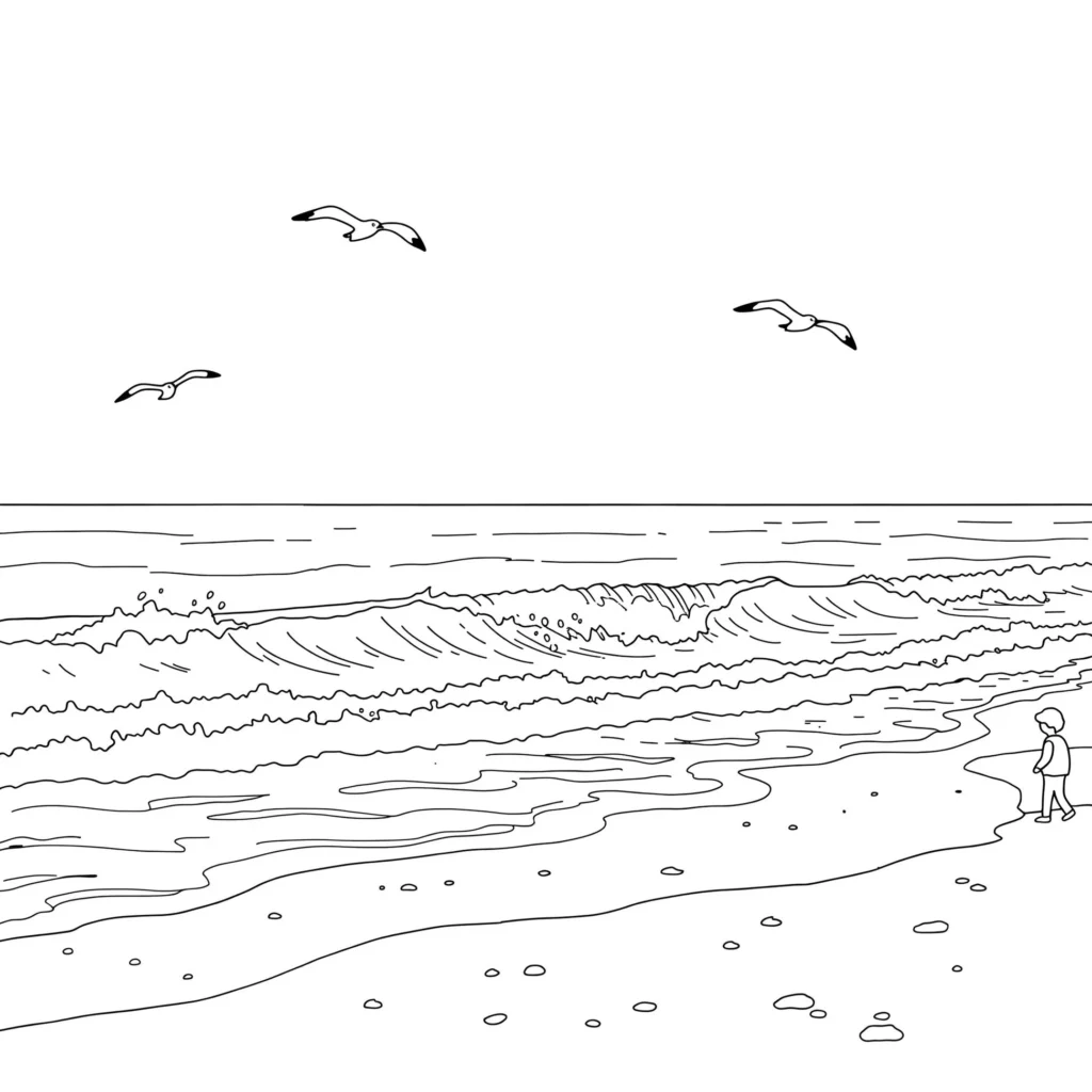 Praia com menino, gaivotas e mar agitado para colorir.