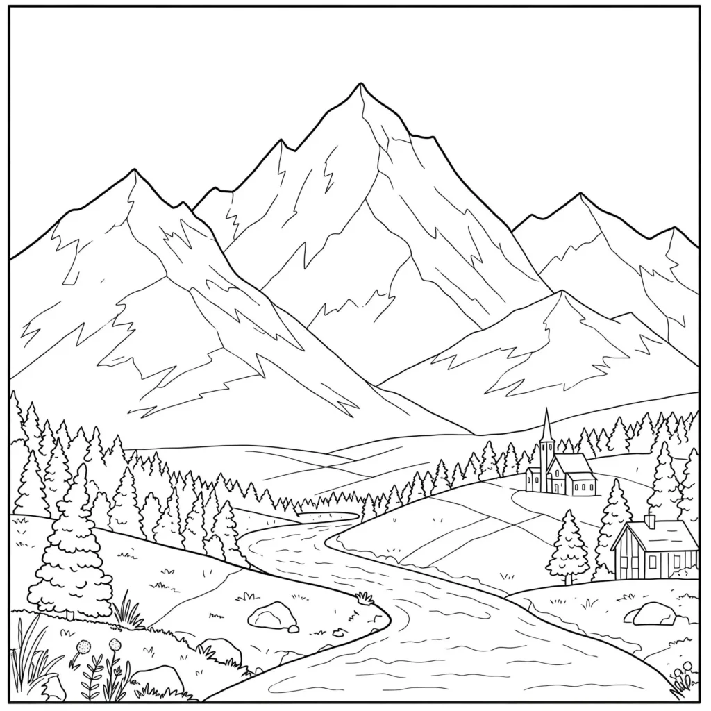 Paisagem montanhosa para colorir: rio, casa de campo e picos imponentes.