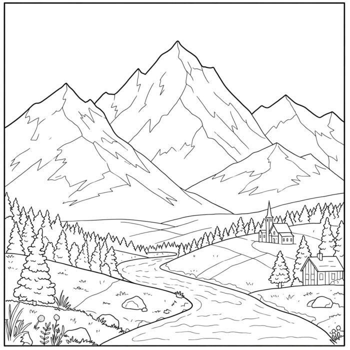 Paisagem montanhosa para colorir: rio, casa de campo e picos imponentes.