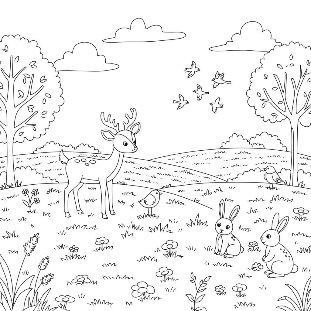 Cena campestre com cervo, coelhos e pássaros em desenho para colorir.