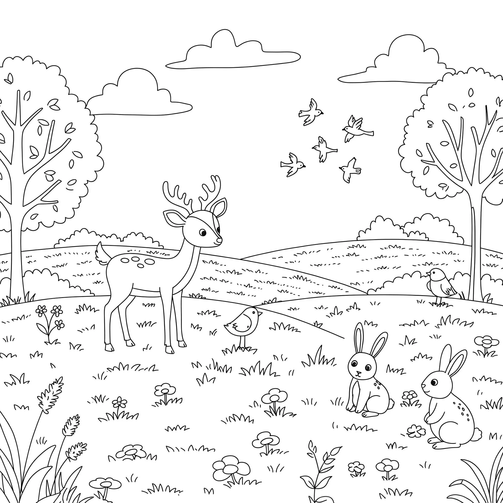 Cena campestre com cervo, coelhos e pássaros em desenho para colorir.