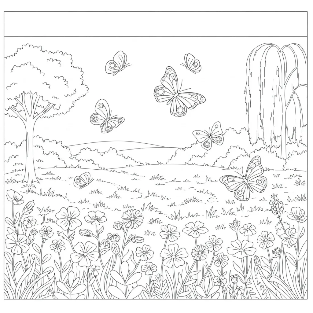 Desenho de paisagem campestre com jardim florido e borboletas para colorir.