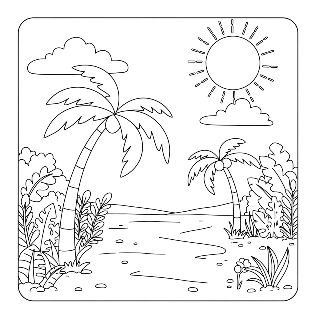 Paisagem tropical para colorir: palmeiras, lago sereno e sol radiante.