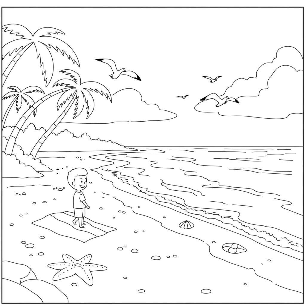 Desenho para colorir de cena de praia com palmeiras, menino, gaivotas e conchas na areia.
