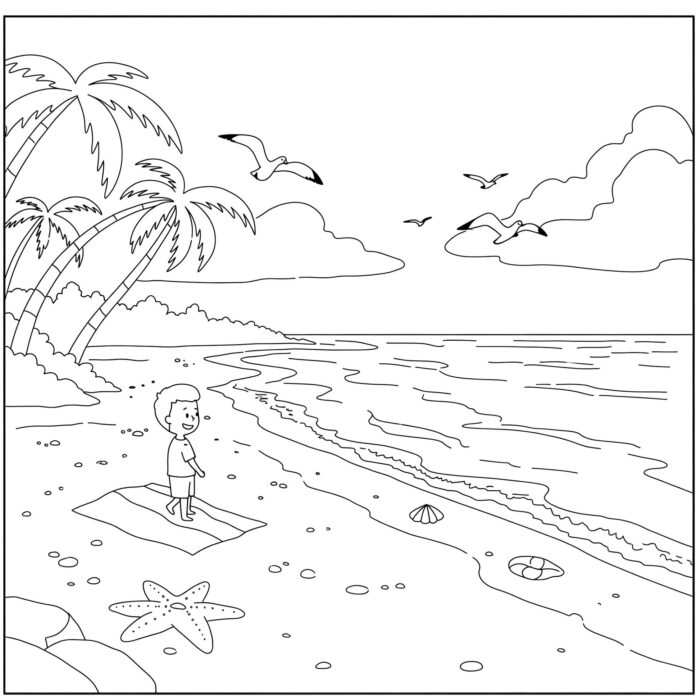 Desenho para colorir de cena de praia com palmeiras, menino, gaivotas e conchas na areia.
