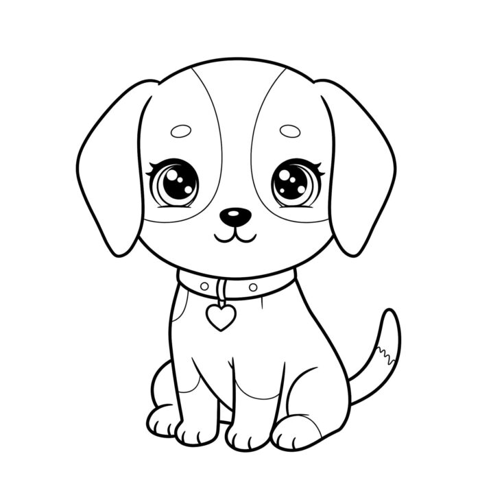 Cachorrinho fofo com coleira de coração, ideal para colorir.