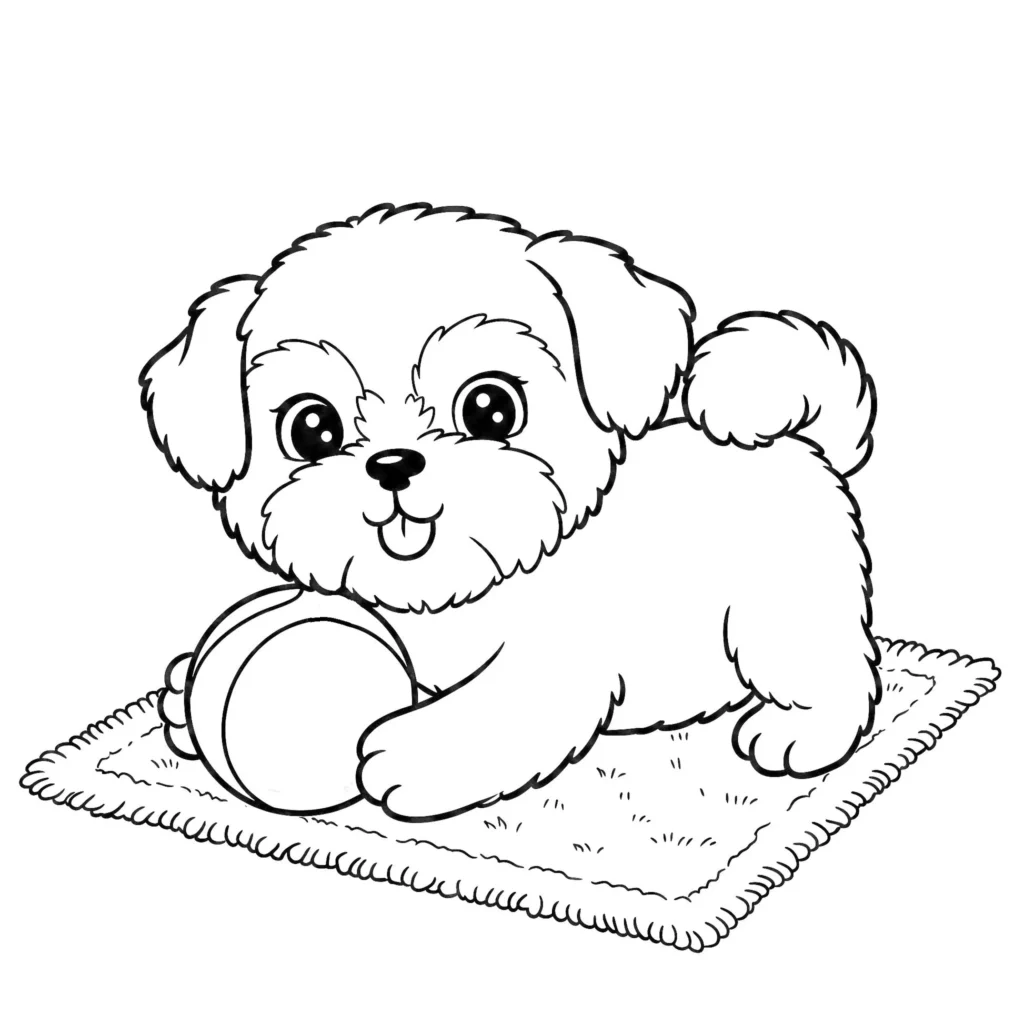 Filhote fofo brincando com bola: desenho de animais para colorir