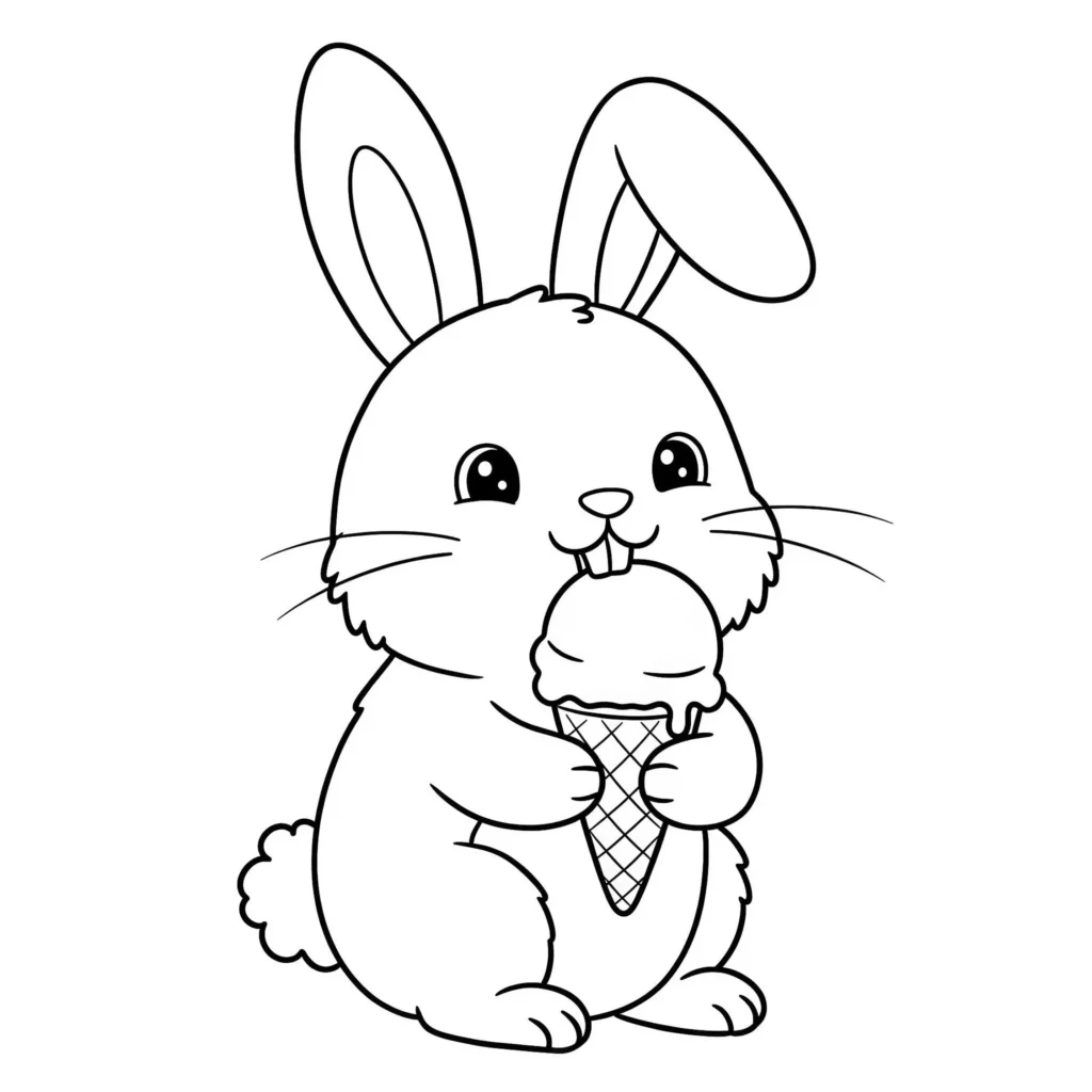 Coelho fofo saboreando sorvete: desenho para colorir com foco no adorável animal e sua expressão de alegria.