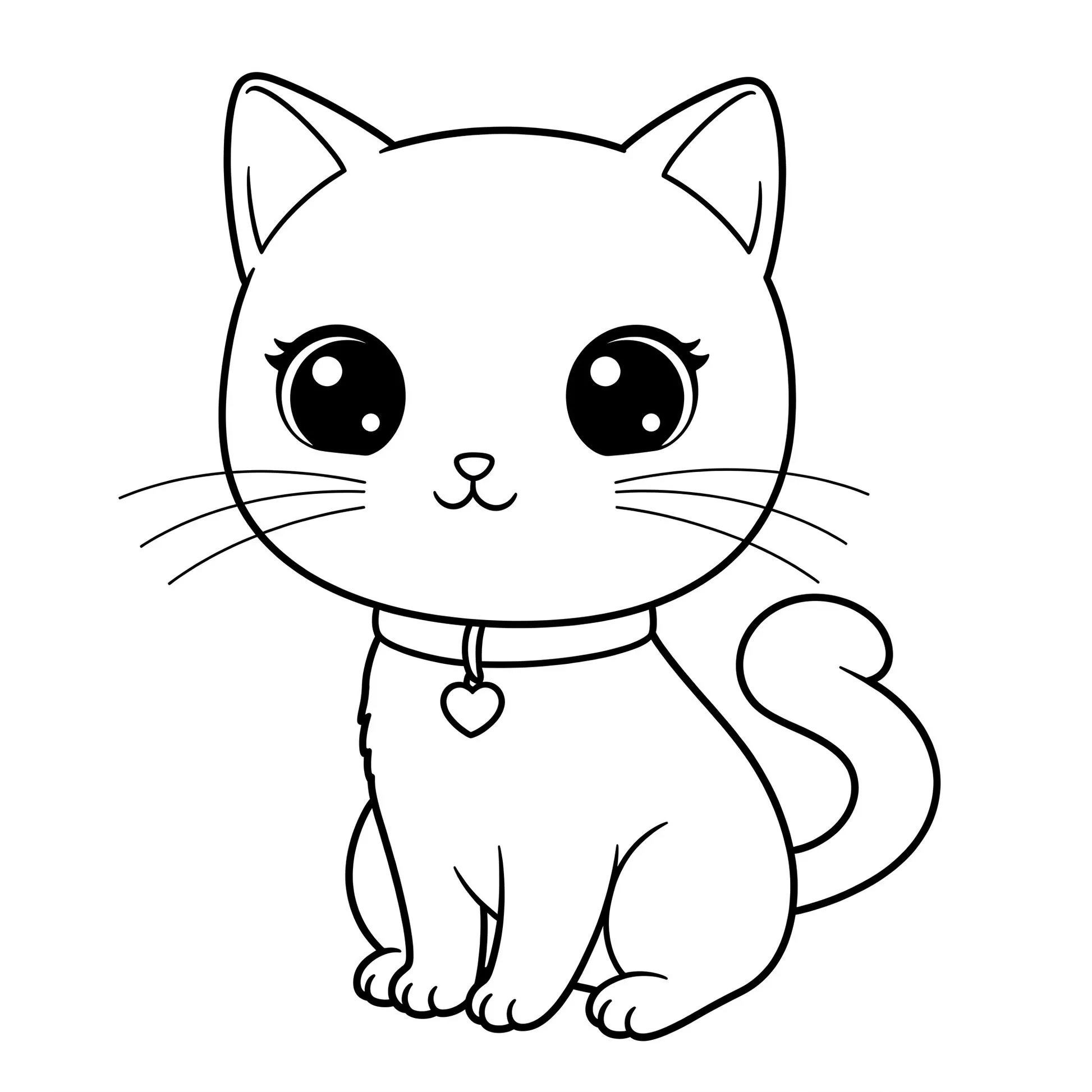 Gatinho fofo para colorir: desenho adorável com colar de coração e cauda enrolada.