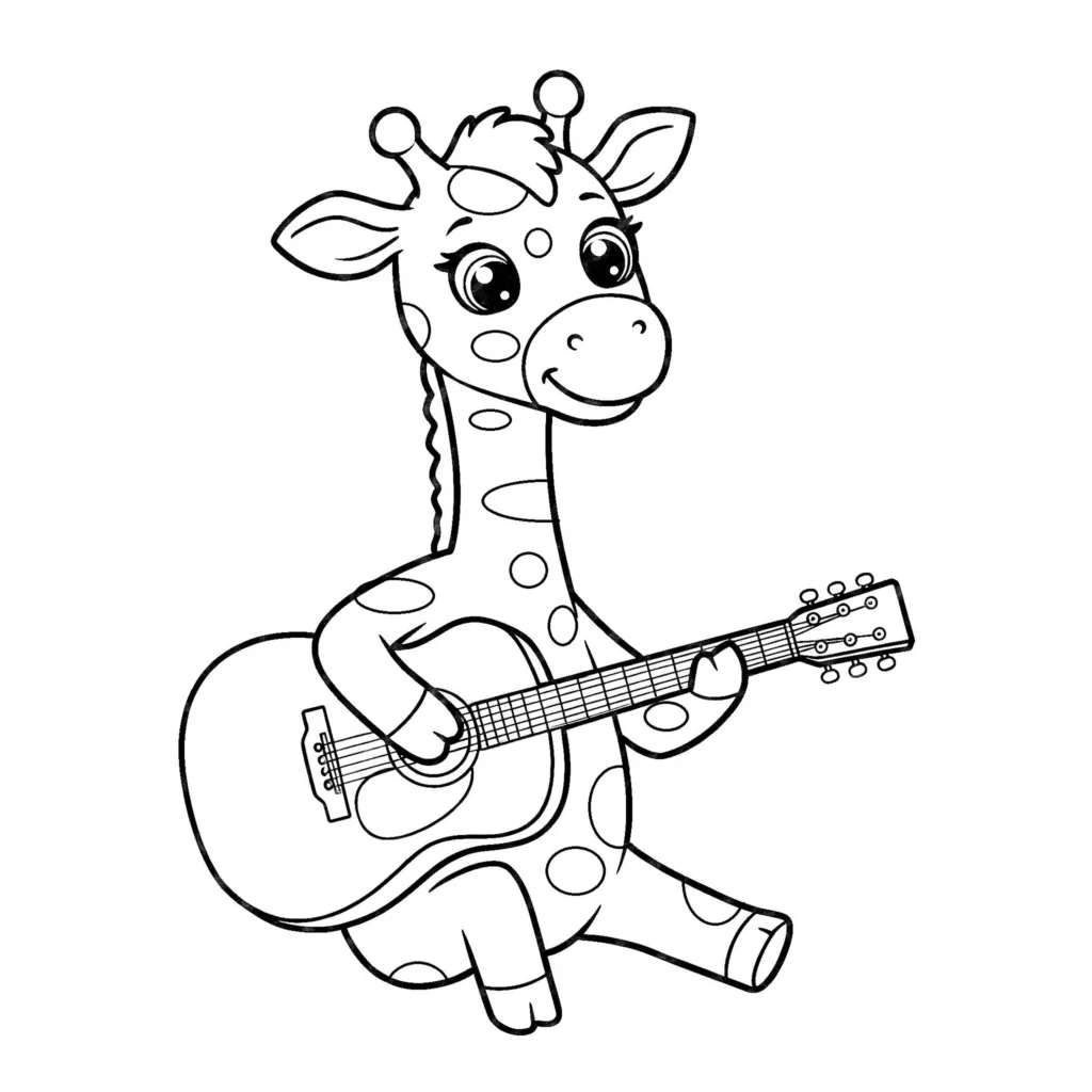 Girafa fofa tocando violão: desenho para colorir divertido e musical.