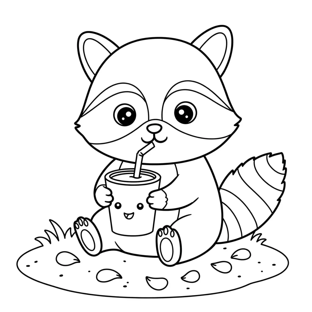 Raposa fofa bebendo suco: desenho para colorir com adorável guaxinim.