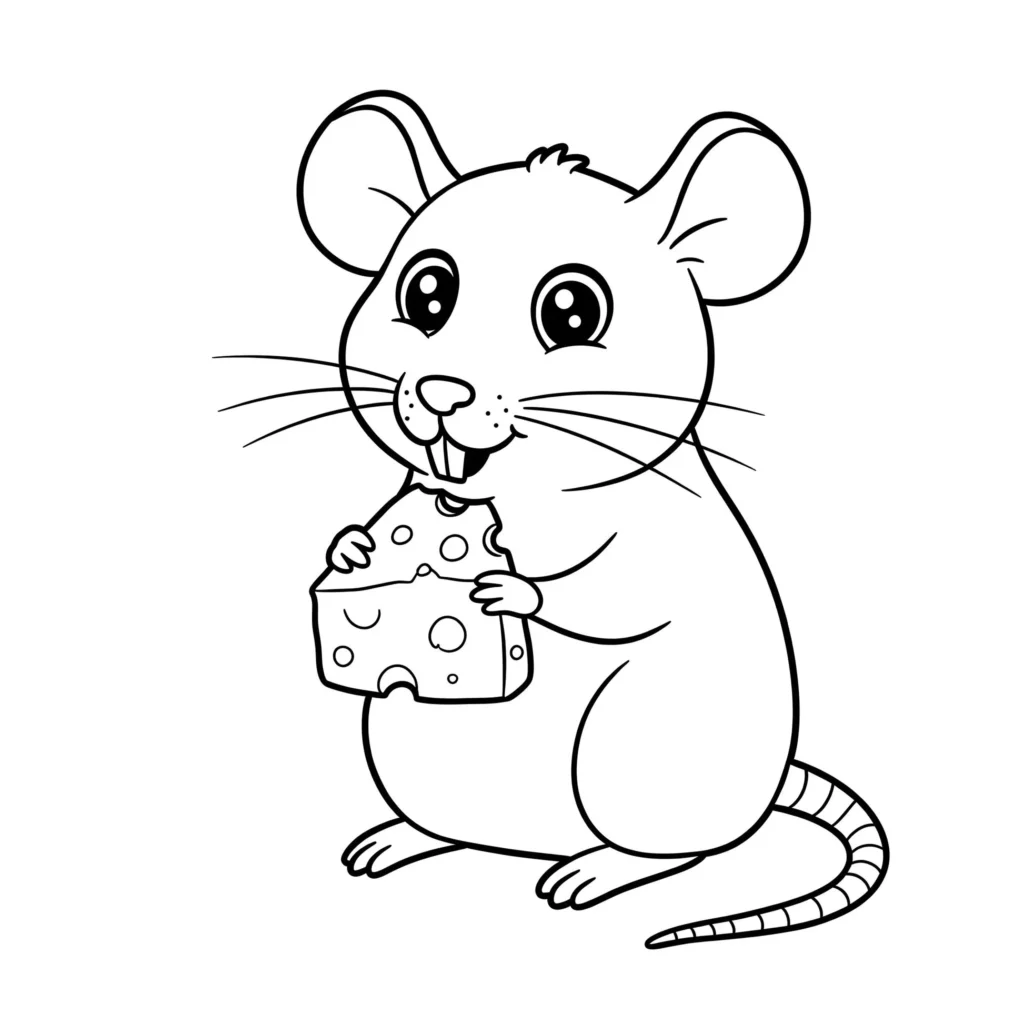 Ratinho fofo comendo queijo suíço: desenho para colorir.
