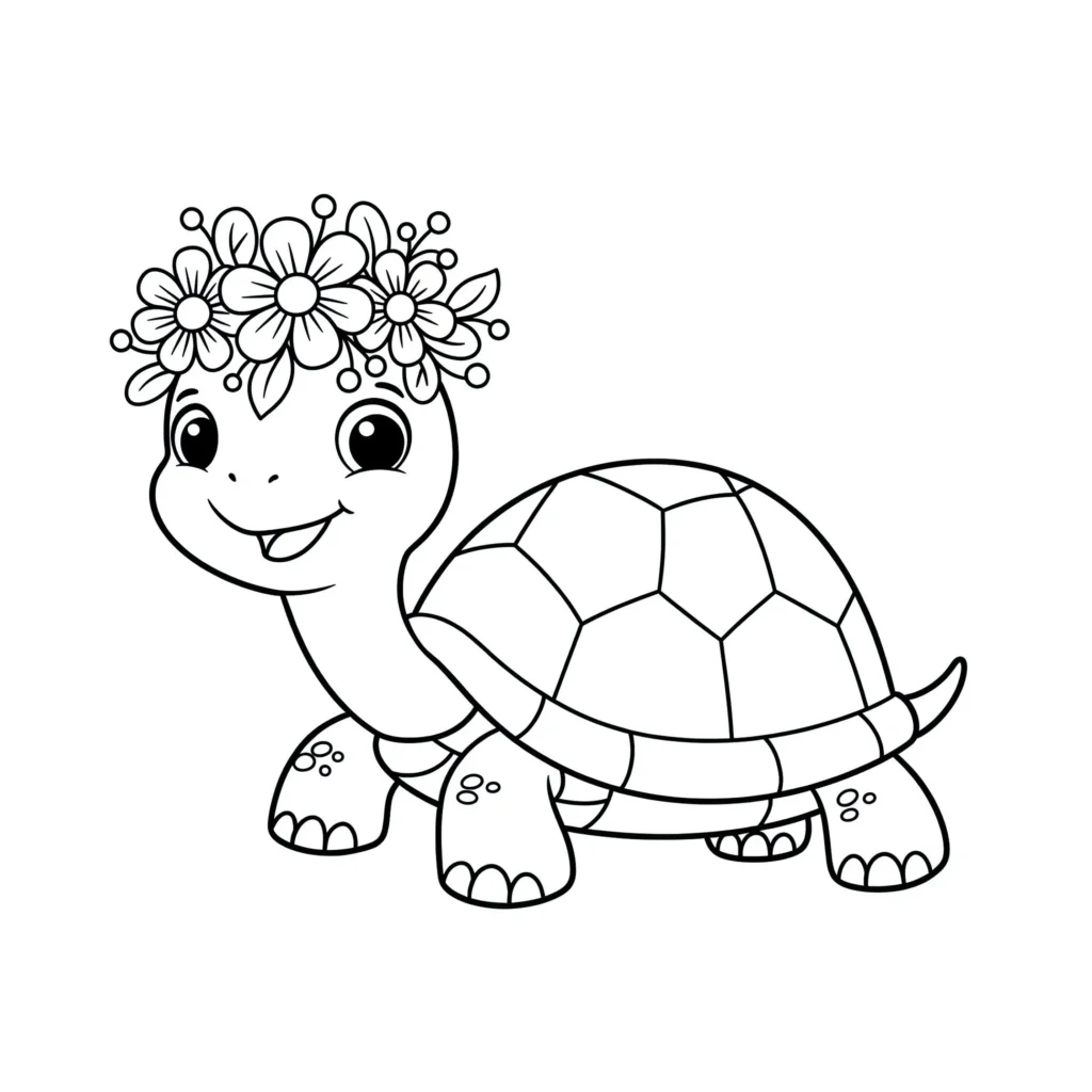 Tartaruga fofa com flores para colorir. Desenho de tartaruga sorridente com coroa de flores e casco com padrão geométrico.