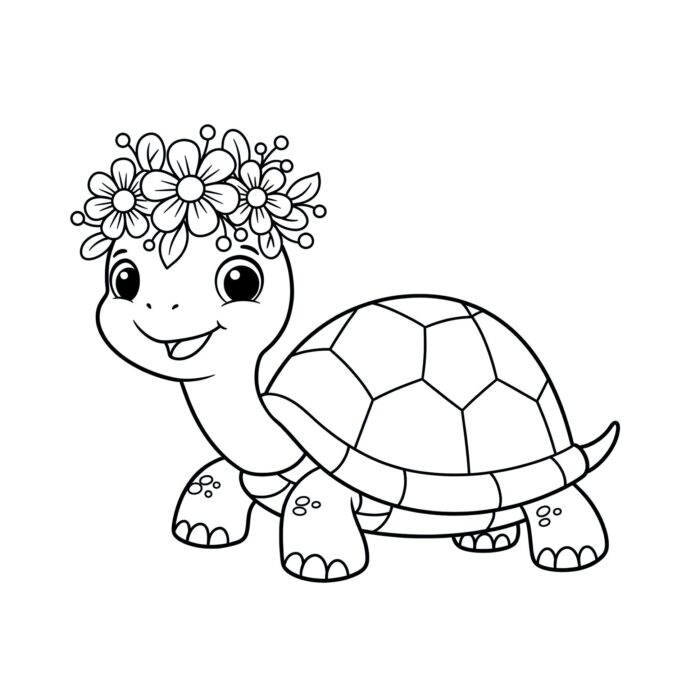 Tartaruga fofa com flores para colorir. Desenho de tartaruga sorridente com coroa de flores e casco com padrão geométrico.