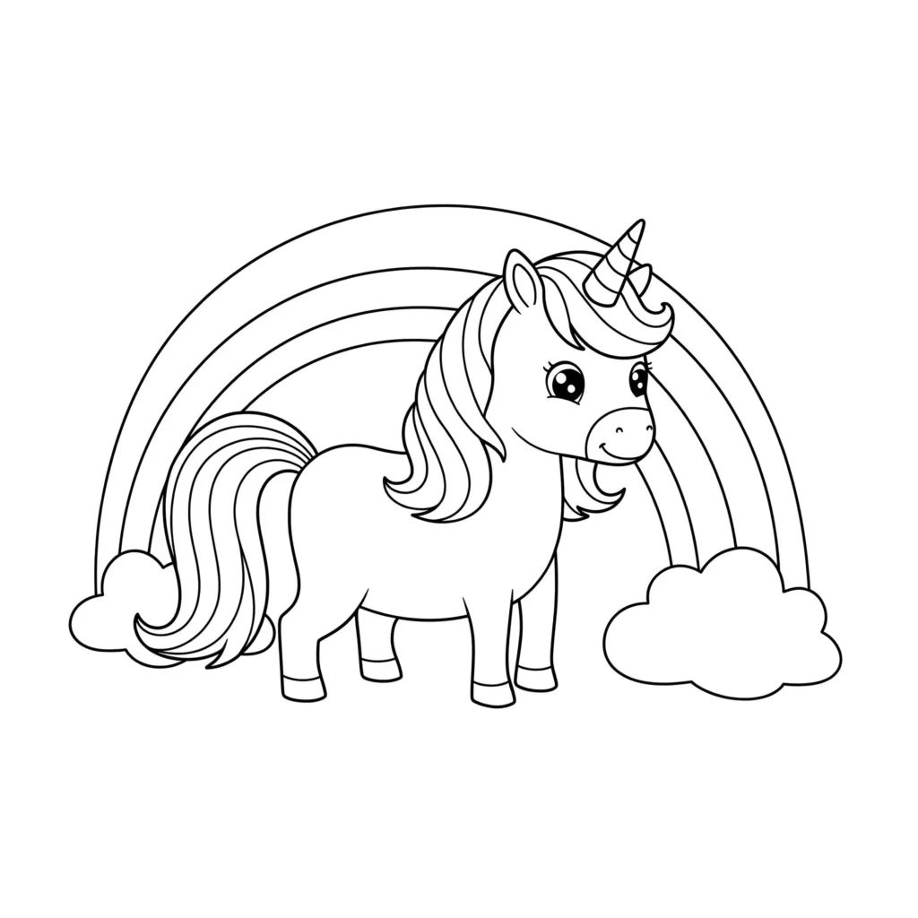 Unicórnio Kawaii no Arco-Íris para Colorir: Desenho Adorável