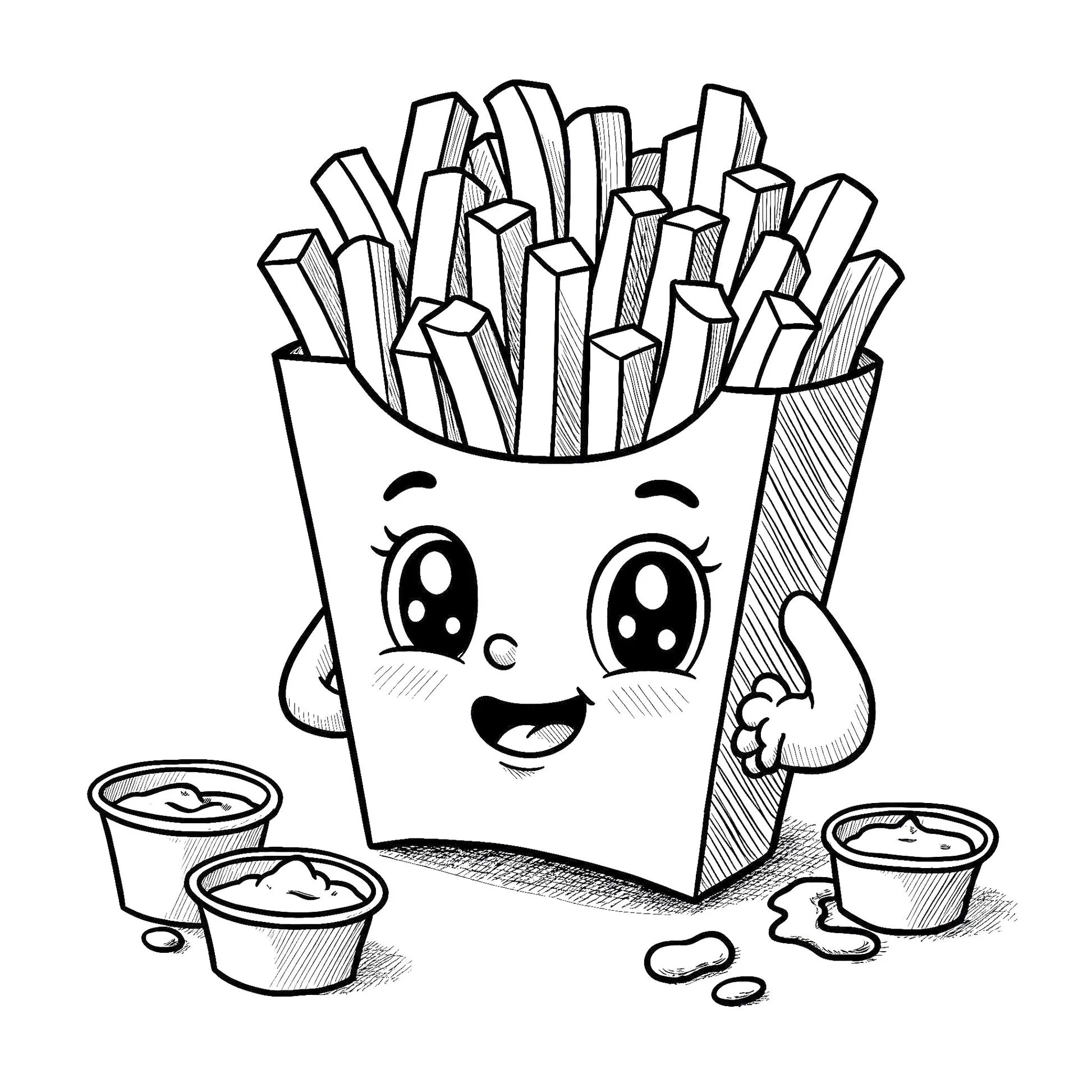 Batata frita sorrindo em desenho de comida fofa para colorir, com potes de molho ao lado.