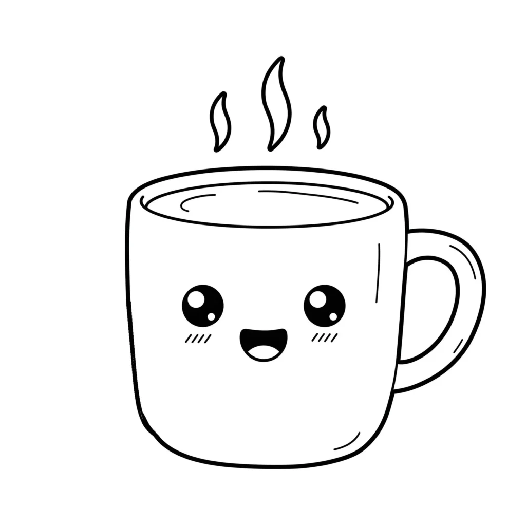 Desenho de café sorrindo, ideal para colorir e despertar a criatividade.