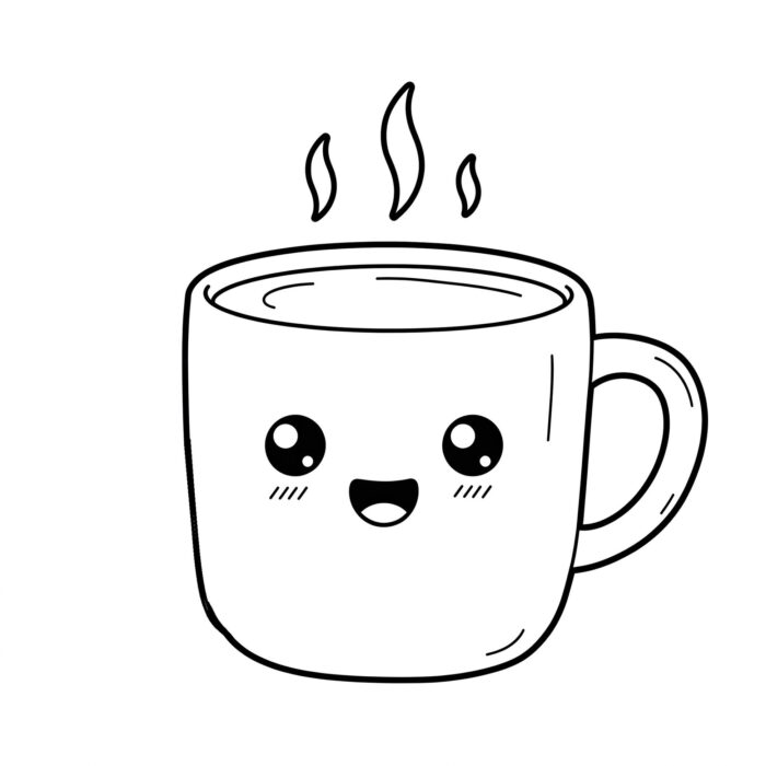Desenho de café sorrindo, ideal para colorir e despertar a criatividade.