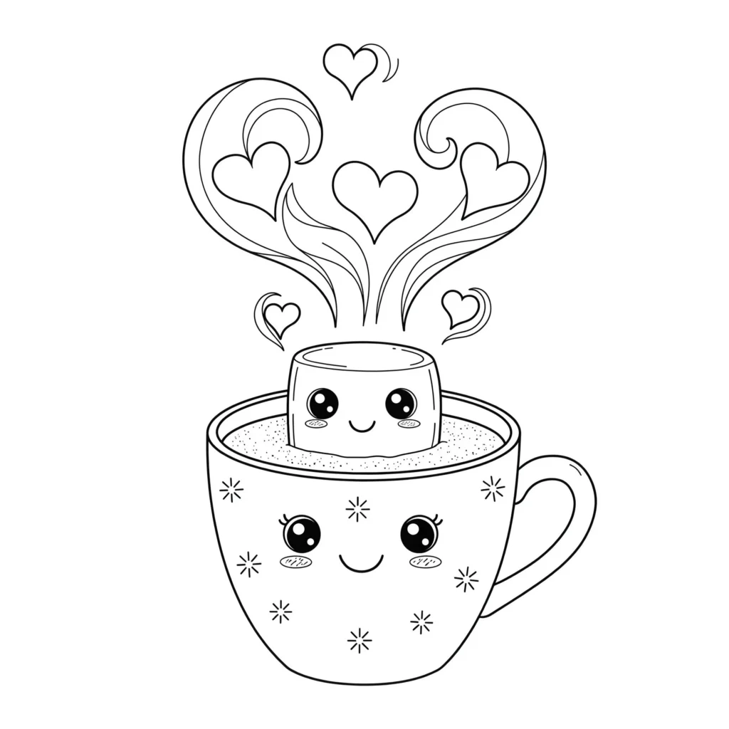 Desenho de chocolate quente fofo com marshmallow para colorir: alegria e doçura.