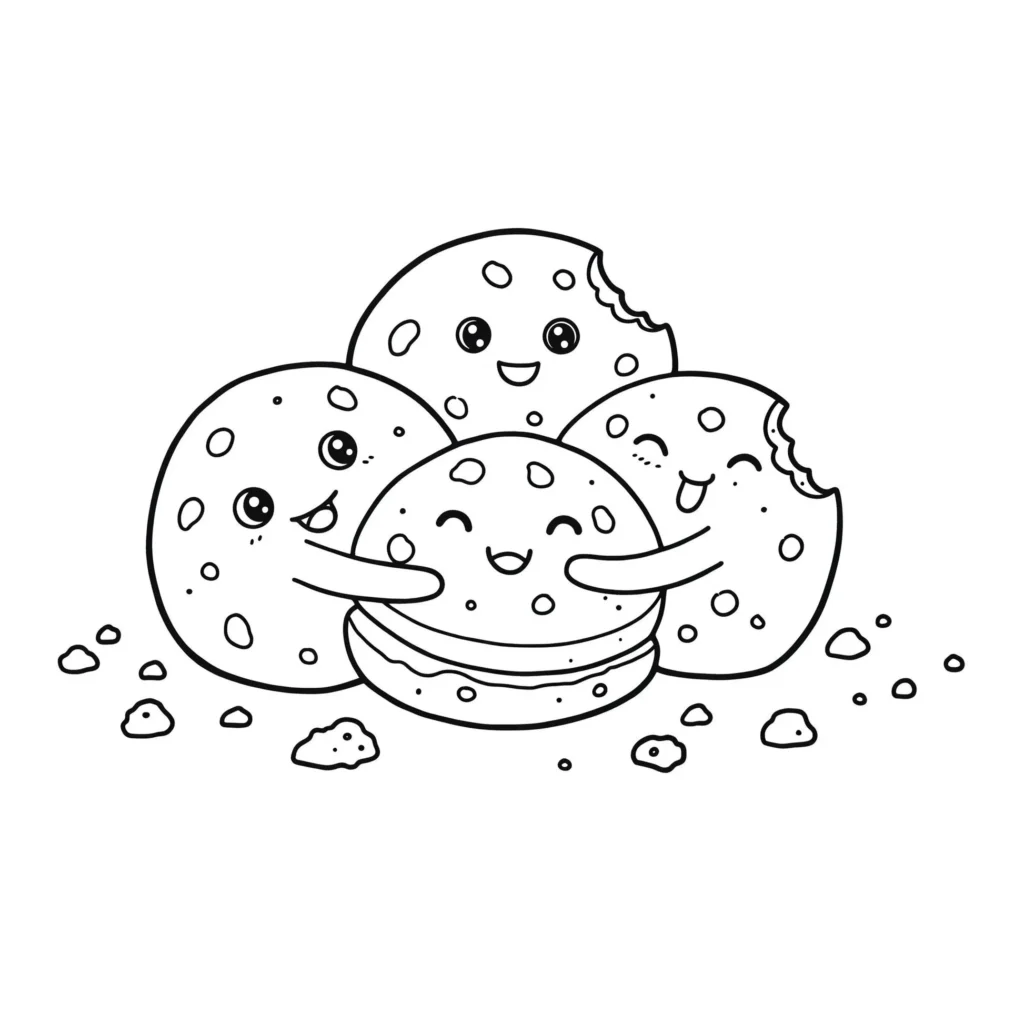 Biscoitos fofos para colorir: um grupo de cookies com rostos sorridentes se divertem juntos, com migalhas espalhadas ao redor.