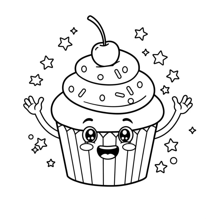 Cupcake fofo com rosto sorridente para colorir: desenho divertido de comida