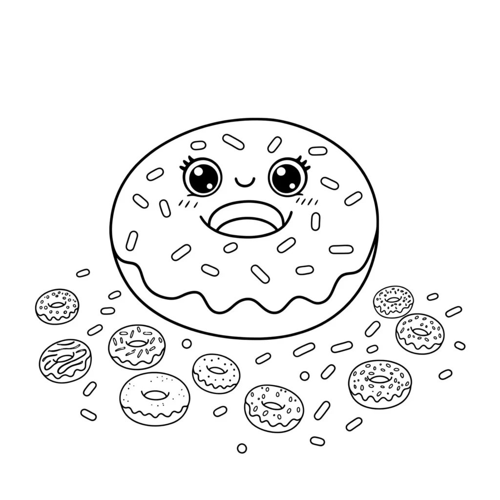Desenho de donut fofo para colorir: arte com donuts expressivos e granulados.