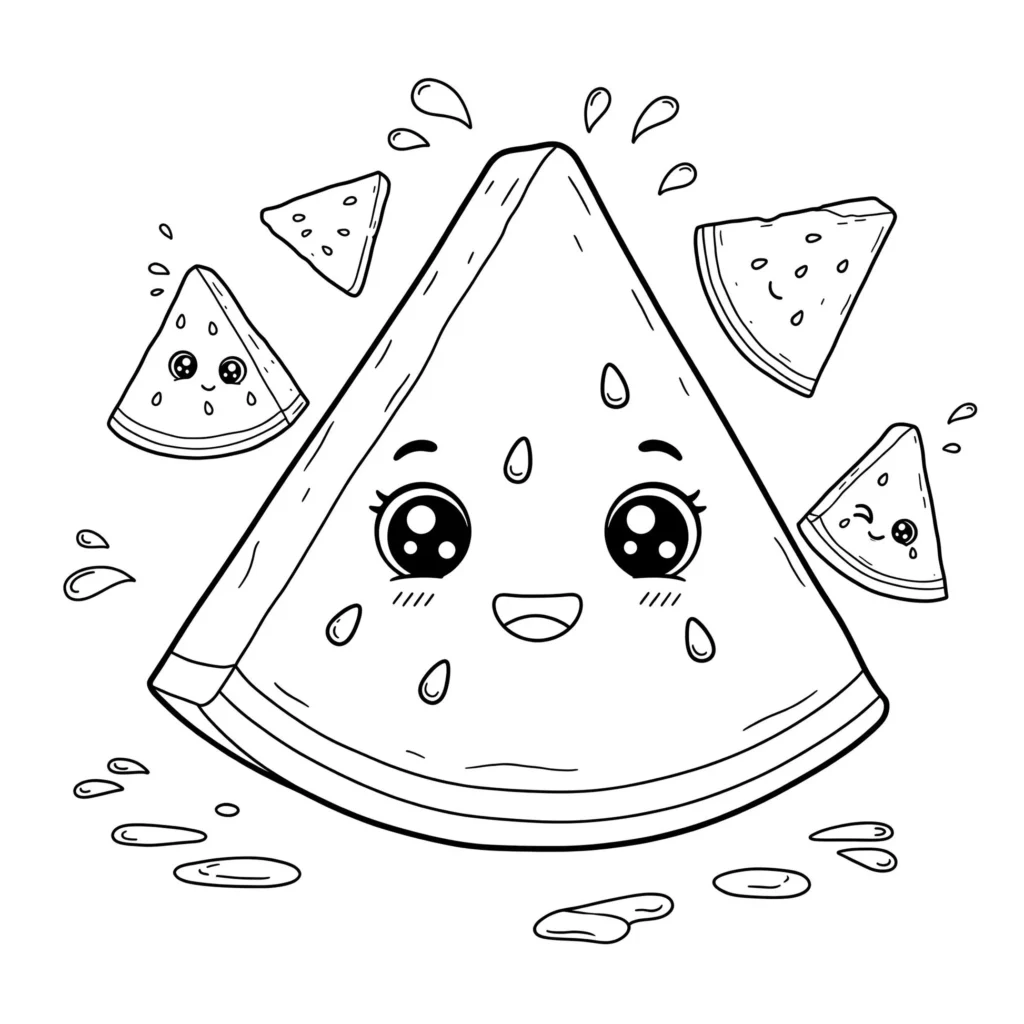 Melancia com rosto sorridente para colorir. Desenho divertido de fruta fofa para atividades criativas.