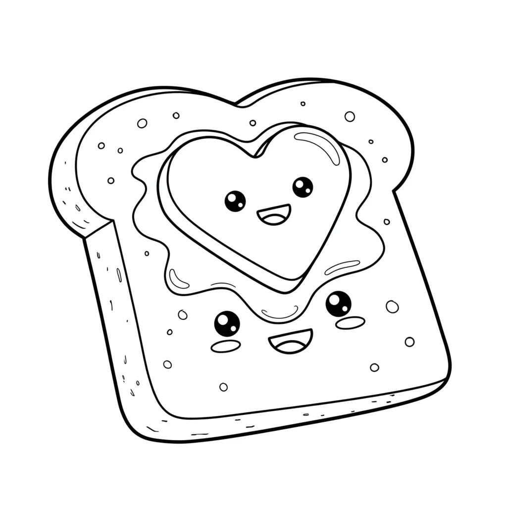 Pãozinho fofo com rosto sorridente e cobertura de coração para colorir.