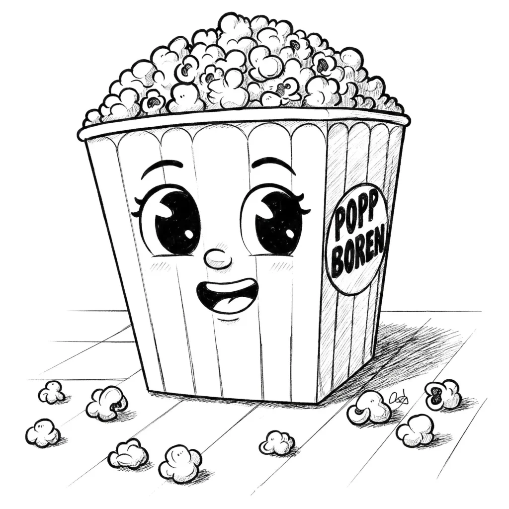 Pipoca fofa para colorir: desenho divertido de um balde sorrindo com pipocas