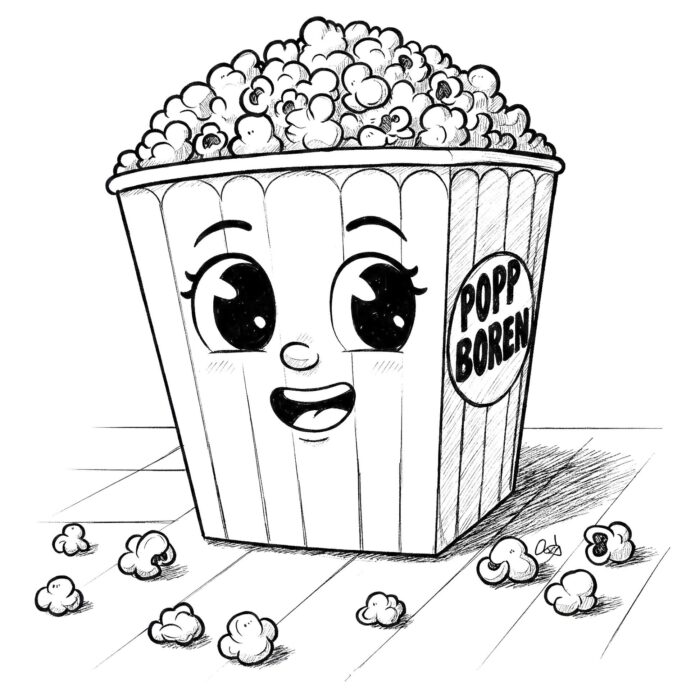 Pipoca fofa para colorir: desenho divertido de um balde sorrindo com pipocas