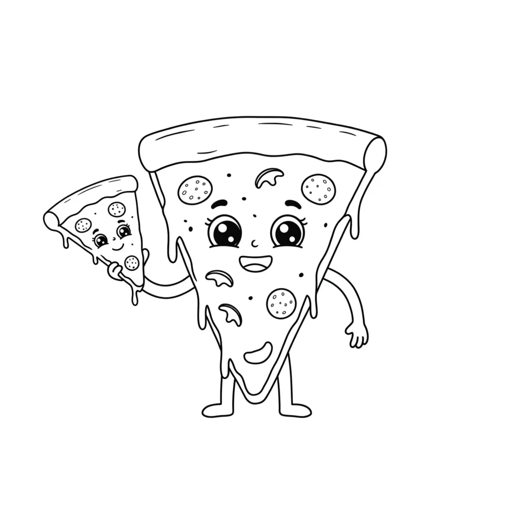 Desenho para colorir de pizza fofa com rostos sorridentes, ideal para atividades criativas.