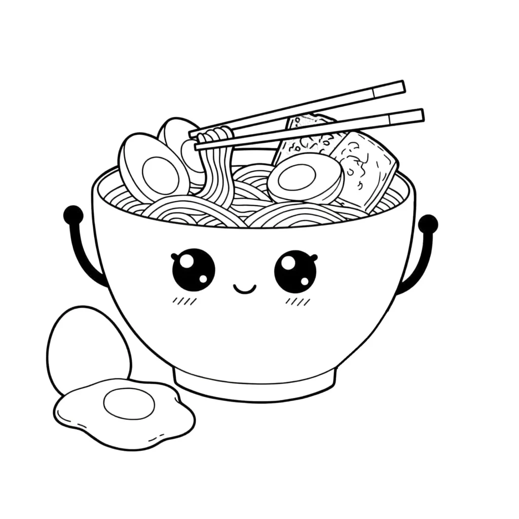 Desenho de sopa com ovos e rosto kawaii para colorir.