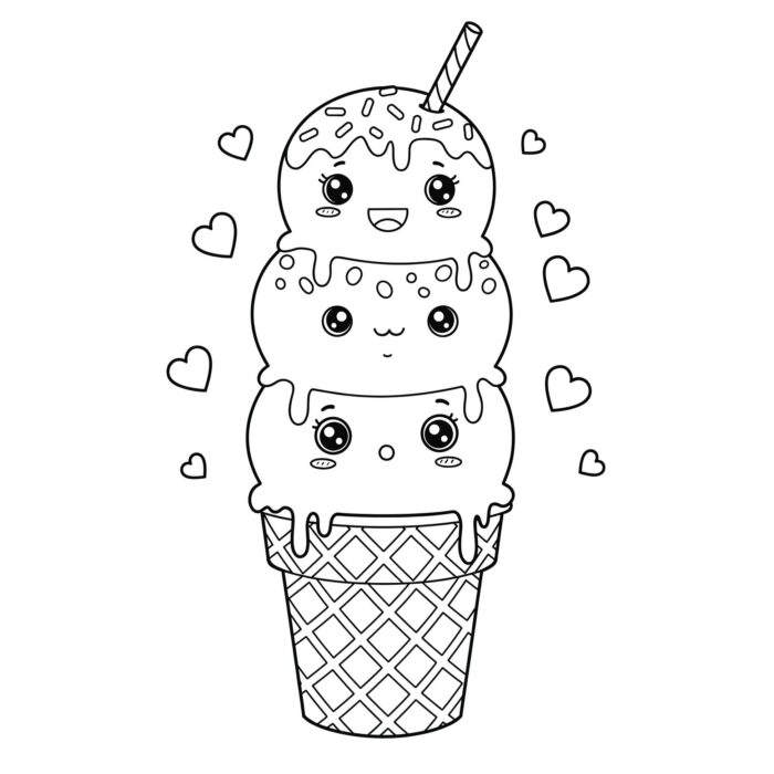 Sorvete kawaii com três bolas e rostinhos sorridentes, pronto para colorir. Desenho de comida fofa com corações.