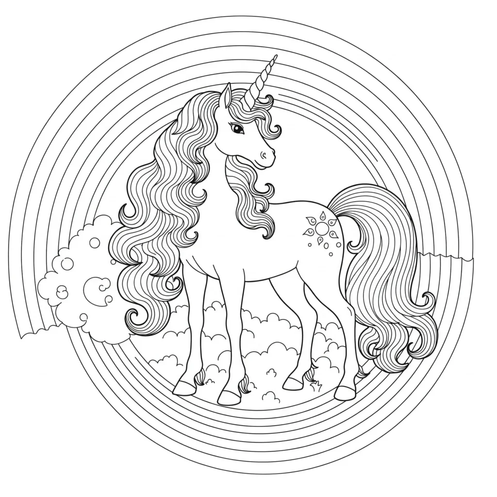 Unicórnio adorável para colorir em meio a um arco-íris vibrante.