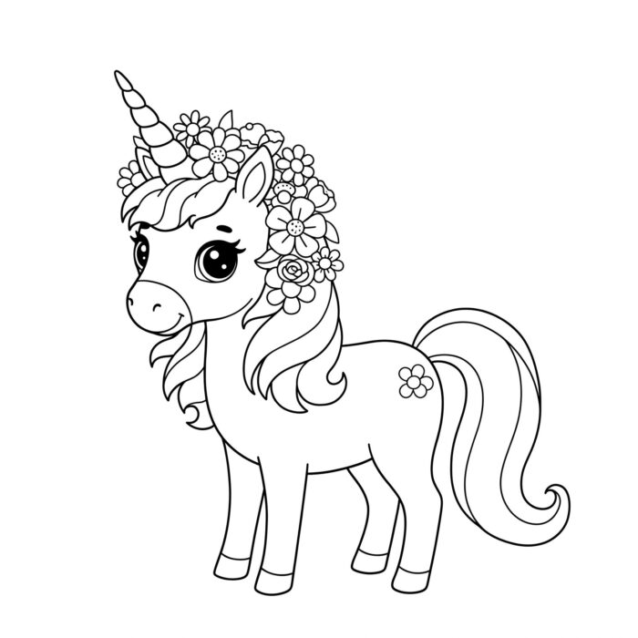 Unicórnio com coroa de flores para colorir. Arte fofa para crianças.