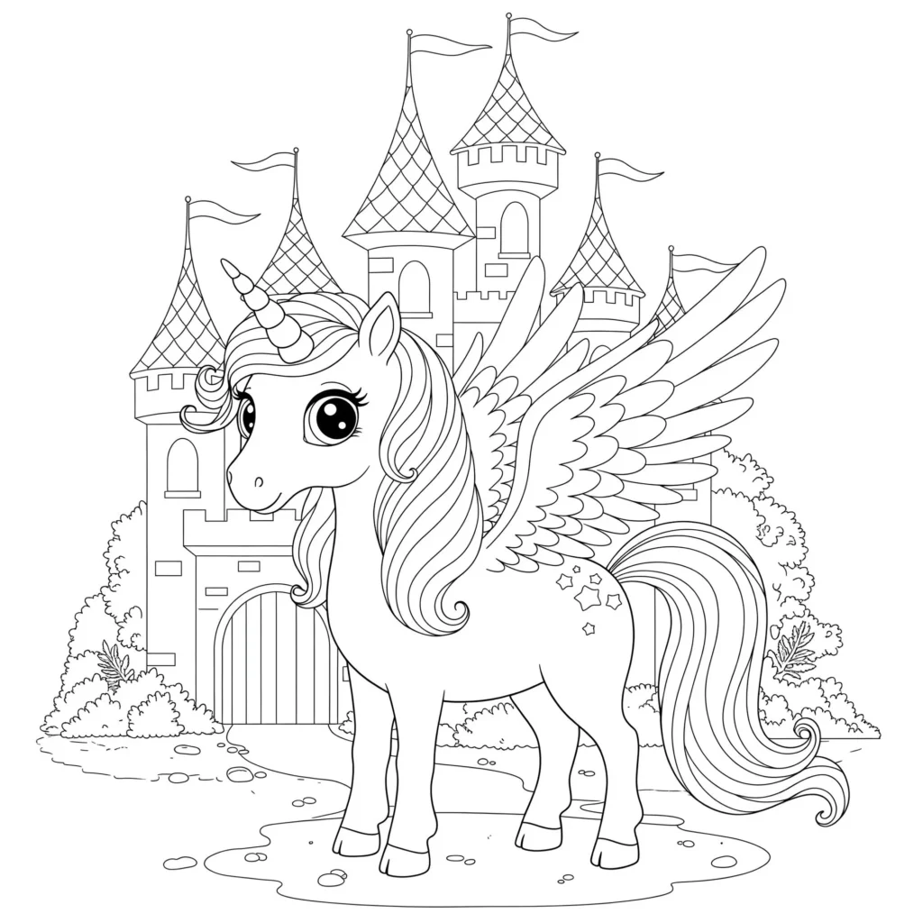 Unicórnio alado com castelo para colorir