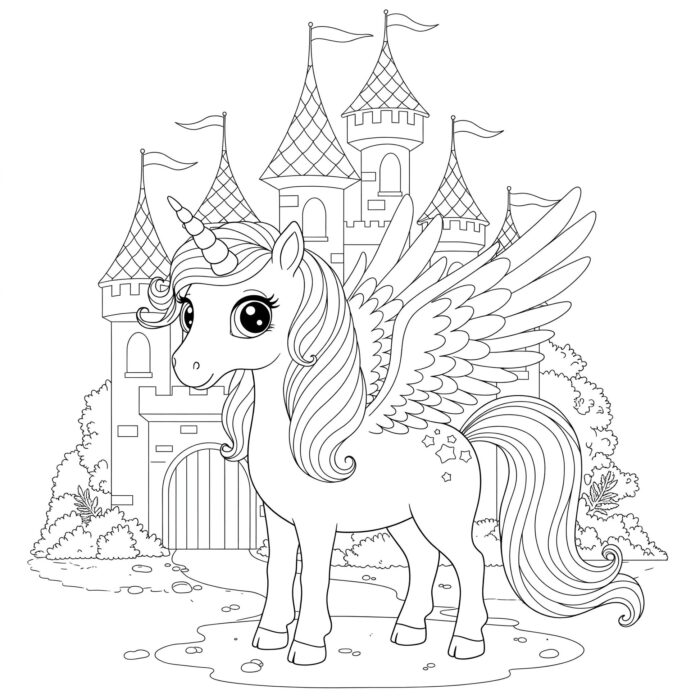 Unicórnio alado com castelo para colorir